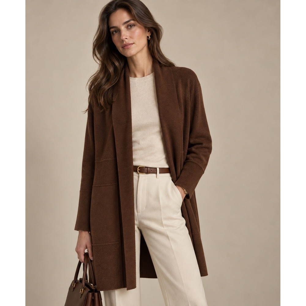 Amour Vert Cardigan Women XS Brown Merino Wool Open Front Split Back Minimalist